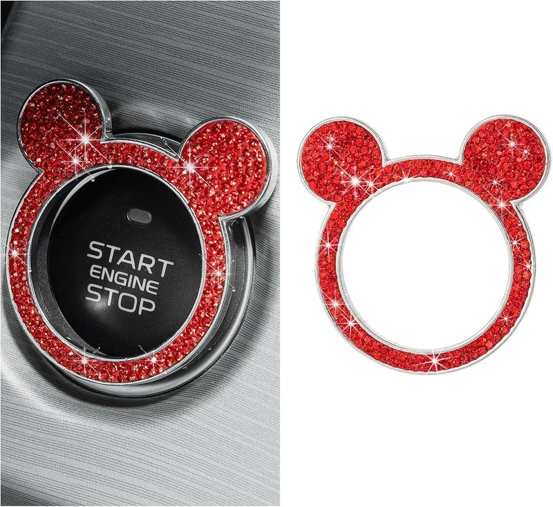 Wevdn Bling Car Engine Start Button Cover, Rhinestone Ring Start Button Cover Sticker, Little Cute Key Ignition & Knob Ring Decoration, Sparkling Car Interior Accessories for Women (Red) - Image 1